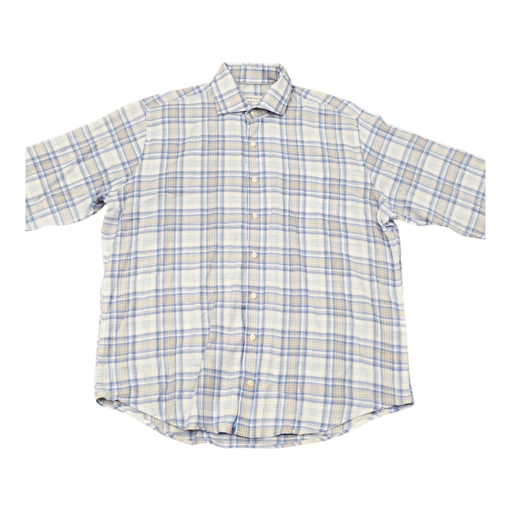 Peter Millar Crown Ease Shirt Mens Large Blue Plaid 100% Cotton Short Sleeve